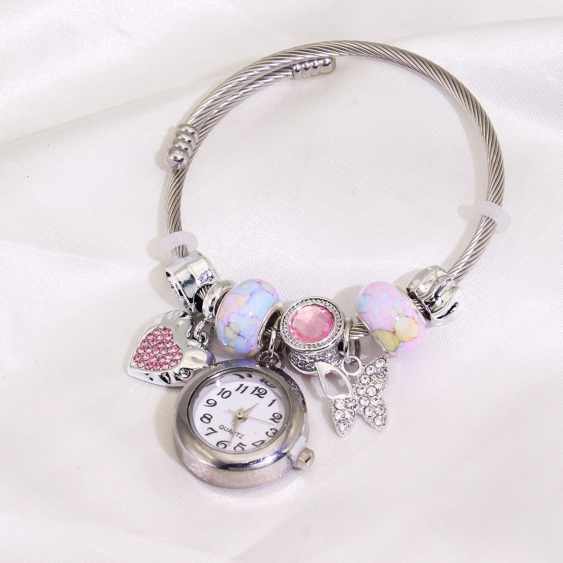 Reloj Pulsera Plateada Charms Rosa Acero Inoxidable R23