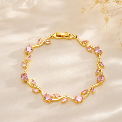 Pulsera Dorada Flor Zirconias Rosas Chapa de Oro