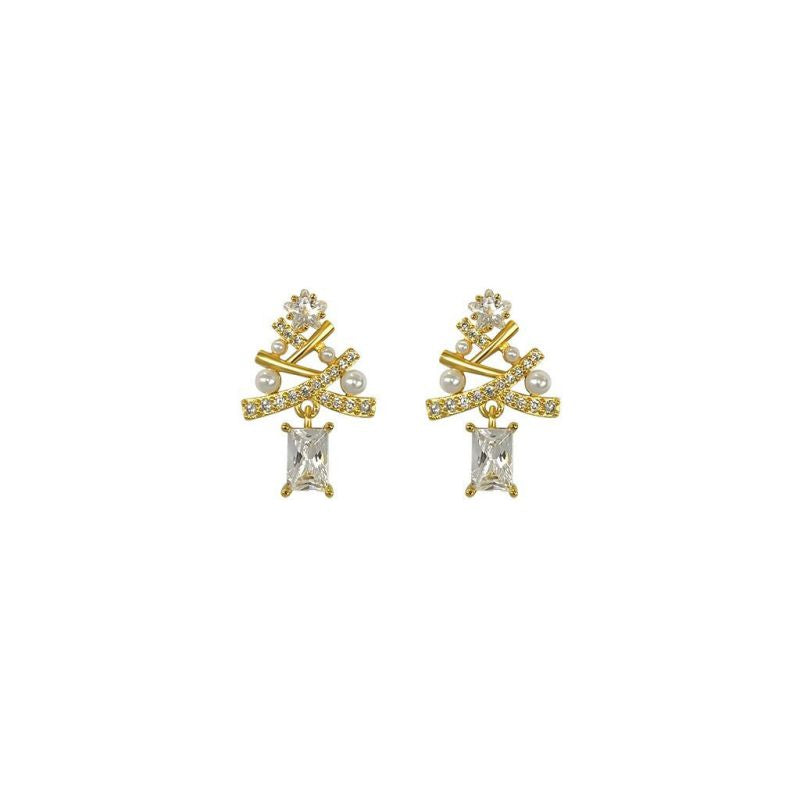 Aretes Dorados Arbol Navidad de Plata y Zirconias