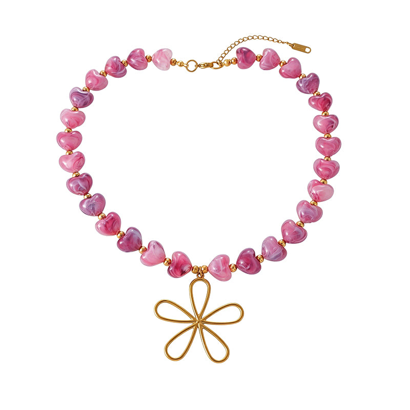 Collar de Flor y Corazones Morados Acero Inoxidable 1R4