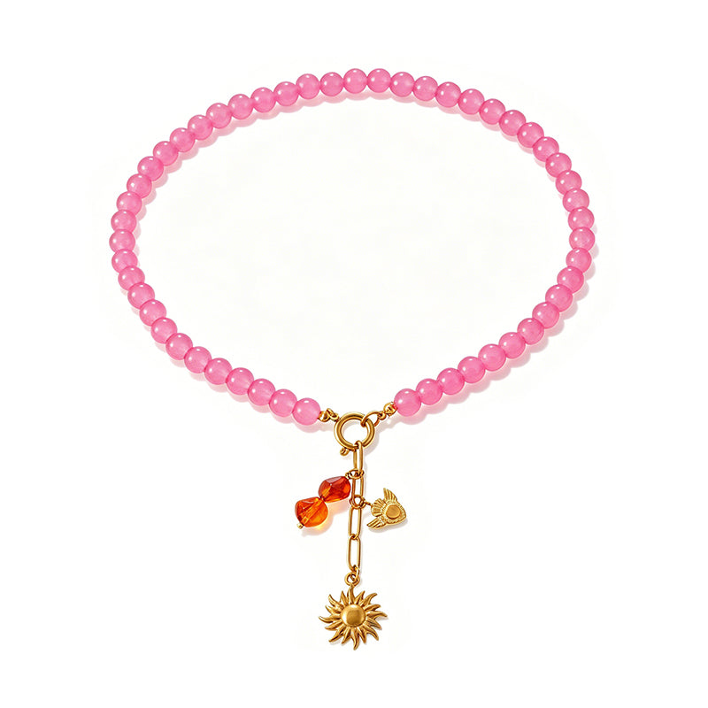 Collar Rosa Bolitas de Vidrio y Acero Inoxidable 3G4