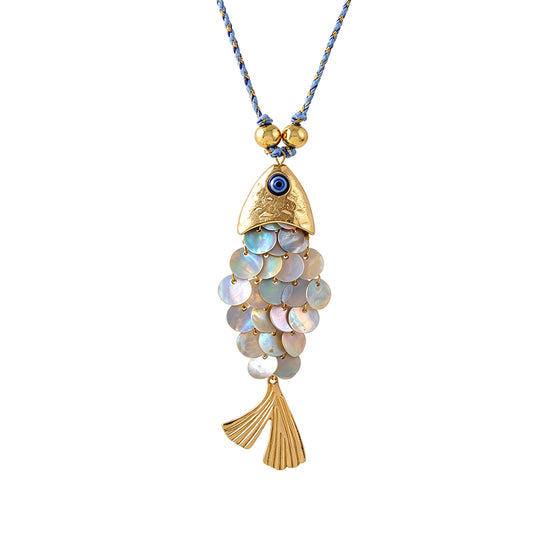 Collar de Hilo Azul Nacar Pez Dorado 3A8