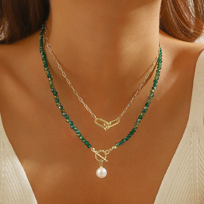 Collar Layer Dorado y Verde Cristales y Perla