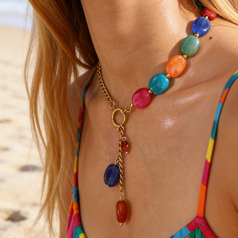 Collar Dorado Cuentas Colores Acero Titanio