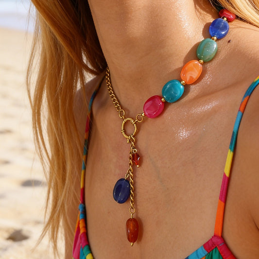 Collar Dorado Cuentas Colores Acero Titanio