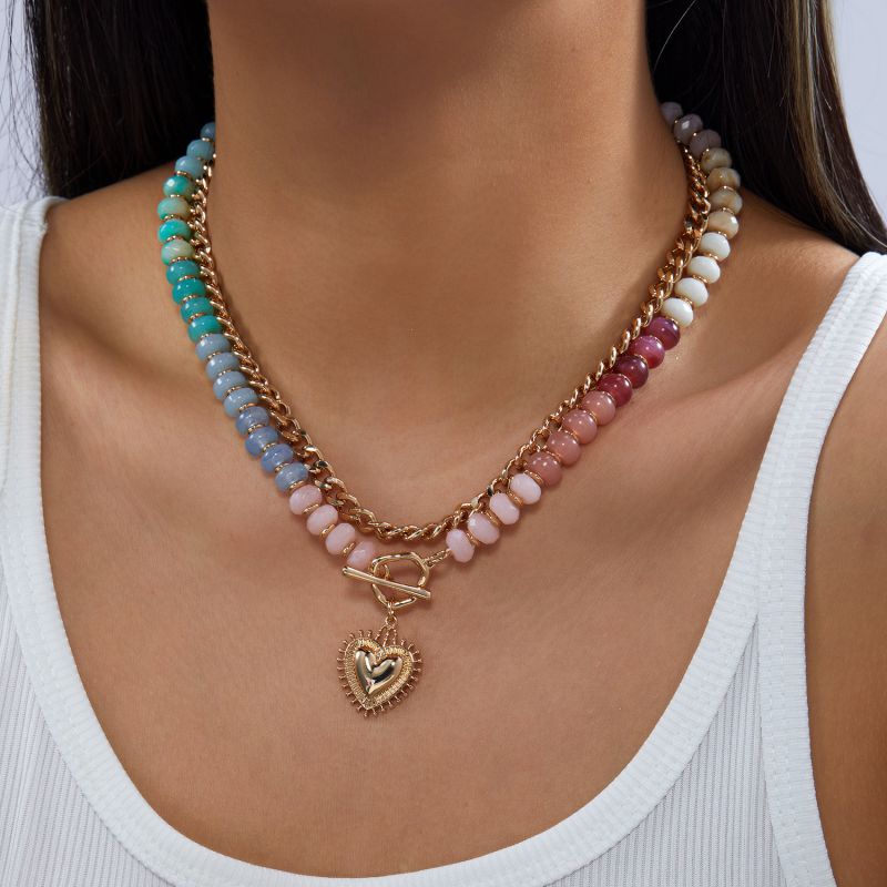 Collar Dorado y de Colores Doble Cuentas y Corazon
