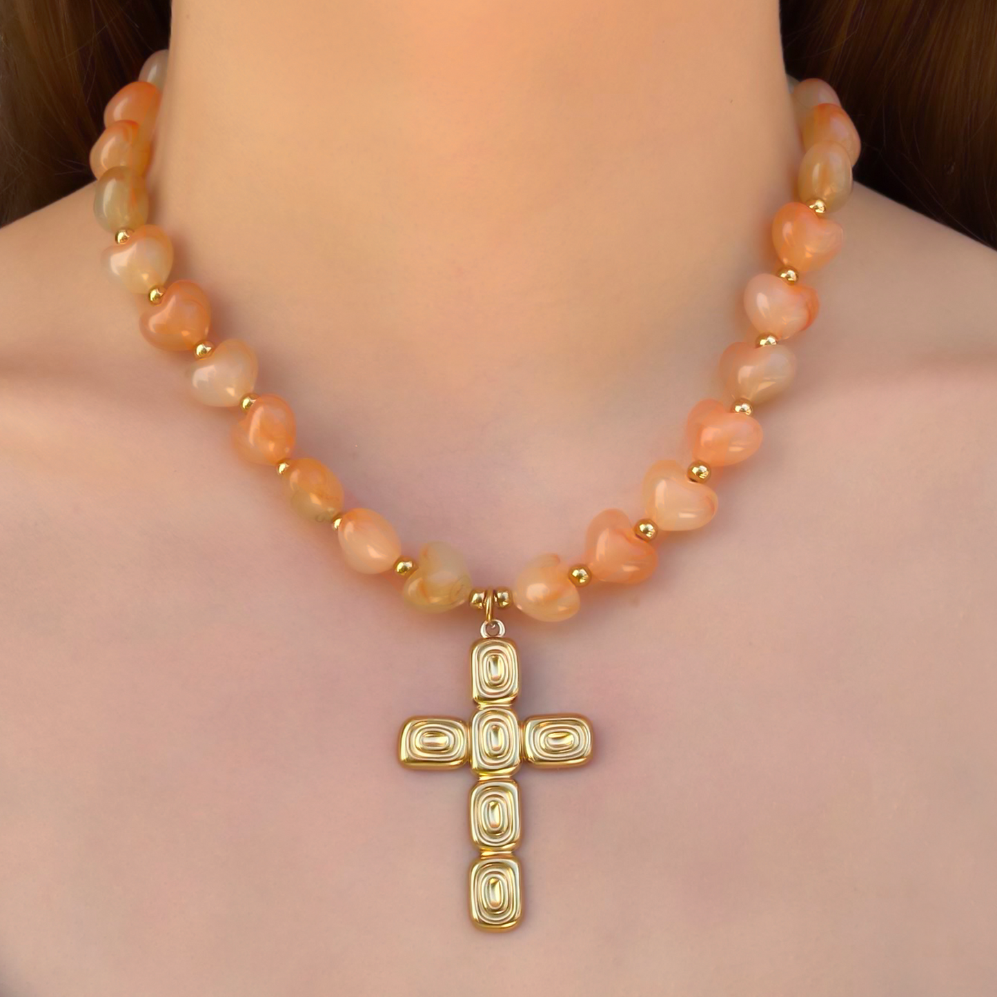 Collar Naranja Cruz Vidrio Acero Inoxidable