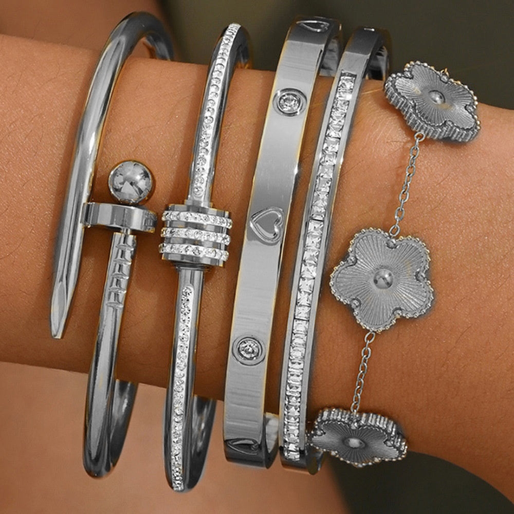Set Pulseras Plateadas 5pz Acero Titanio 1BB4