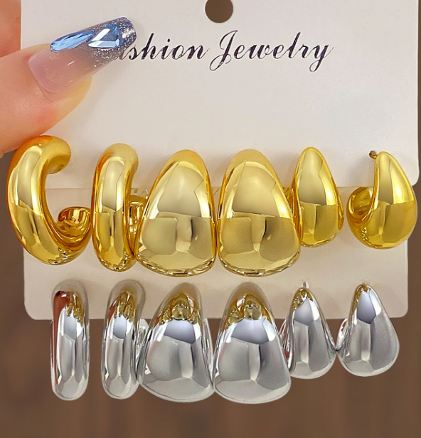 Set Aretes Chunky Plateados 3Pares  2BB7
