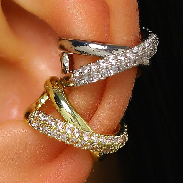 Arete Plateado Earcuff (Una Pieza) Zirconias Chapa de Oro C690
