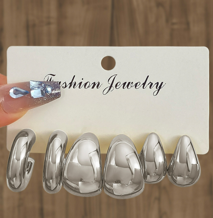 Set Aretes Chunky Plateados 3Pares  2BB7