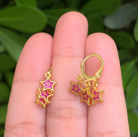 Aretes Arracada Tres Estrellas Rosa Chapa de Oro Az245