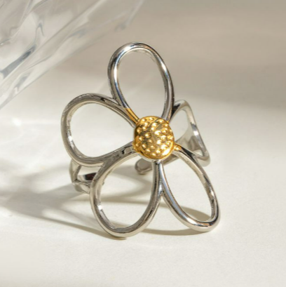 Anillo Flor Plateada Oro-Plata Acero Inoxidable  2B6