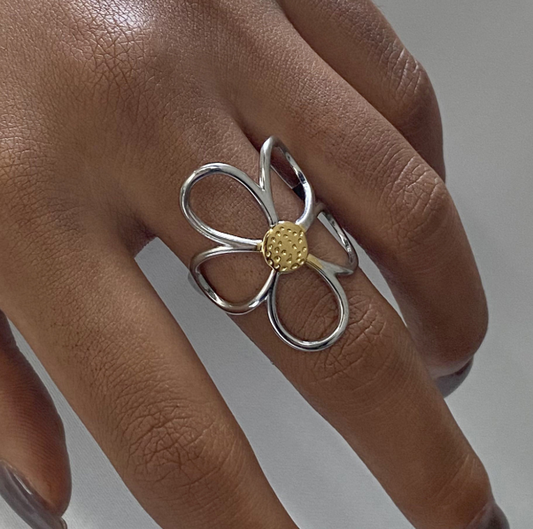 Anillo Flor Plateada Oro-Plata Acero Inoxidable  2B6
