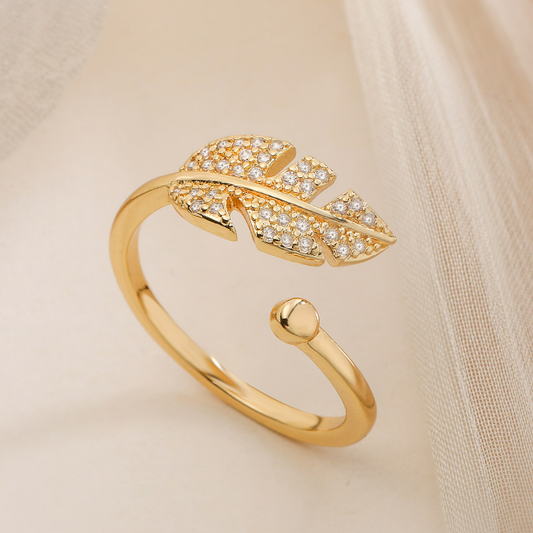 Anillo Hoja Brillante Dorados Ajustable Chapa de Oro  1o7
