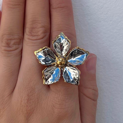 Anillo Flor Oro-Plata Acero Inoxidable 1j1