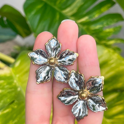 Aretes Flor Oro-Plata Acero Inoxidable 2E1