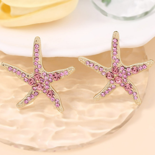Aretes Estrella de Mar Cristales Rosas  1B4