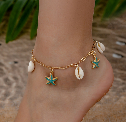 Tobillera Concha y Estrella Mar Dorado Acero Inox 3A3