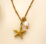 Collar Perla y Estrella Mar Dorado Acero Inox 3H1