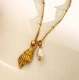 Collar Perla Y Caracol Dorado Acero Inox 3K1