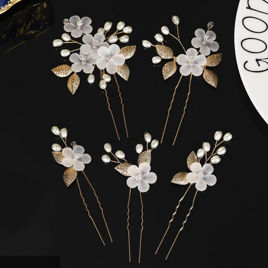 Flores y Perlitas Dorado para el Cabello 1V5