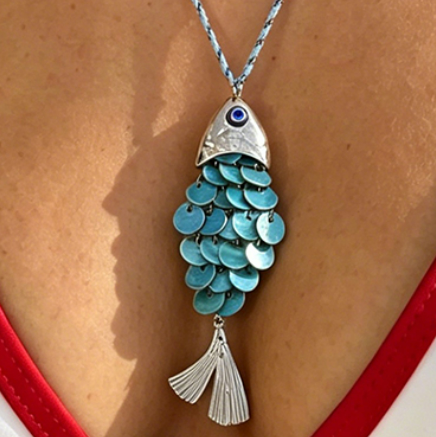 Collar de Hilo Azul Nacar Pez Plateado 3i6