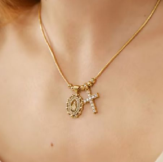 Collar Dorado Cruz y Virgen María Chapa de Oro  C641