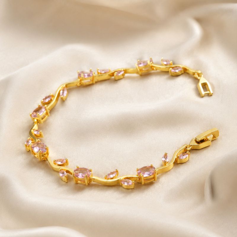 Pulsera Dorada Flor Zirconias Rosas Chapa de Oro