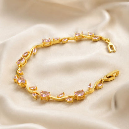 Pulsera Dorada Flor Zirconias Rosas Chapa de Oro