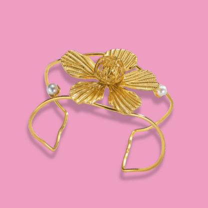Pulsera Flor Dorada Ancha Acero Inoxidable 1Q1