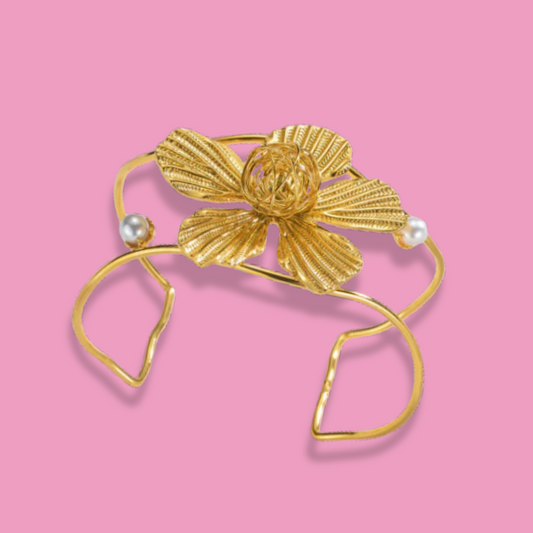 Pulsera Flor Dorada Ancha Acero Inoxidable 1Q1