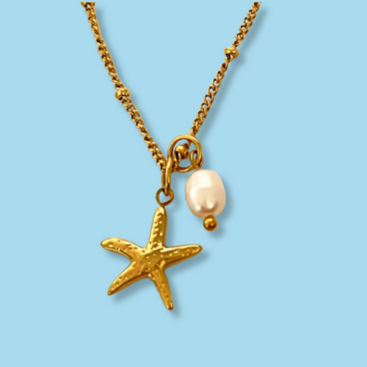 Collar Perla y Estrella Mar Dorado Acero Inox 2XX1
