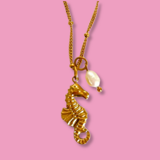 Collar Perla Y Caballito Mar Dorado Acero Inox 2V1