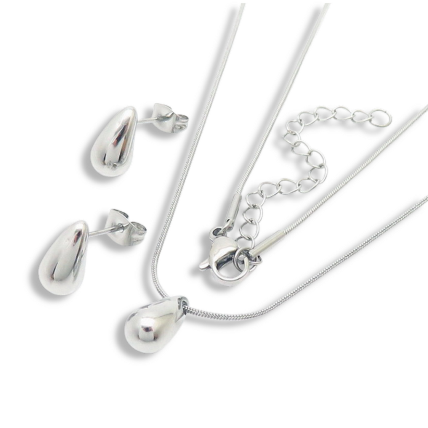 Collar y Aretes Plateado Gota Pequeña  Acero Inox 1L1
