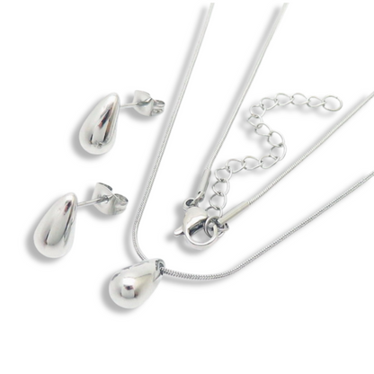 Collar y Aretes Plateado Gota Pequeña  Acero Inox 1L1