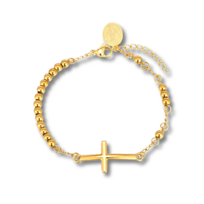 Pulsera Dorada Bolitas Cruz y Medalla  Acero Inoxidable  1S4