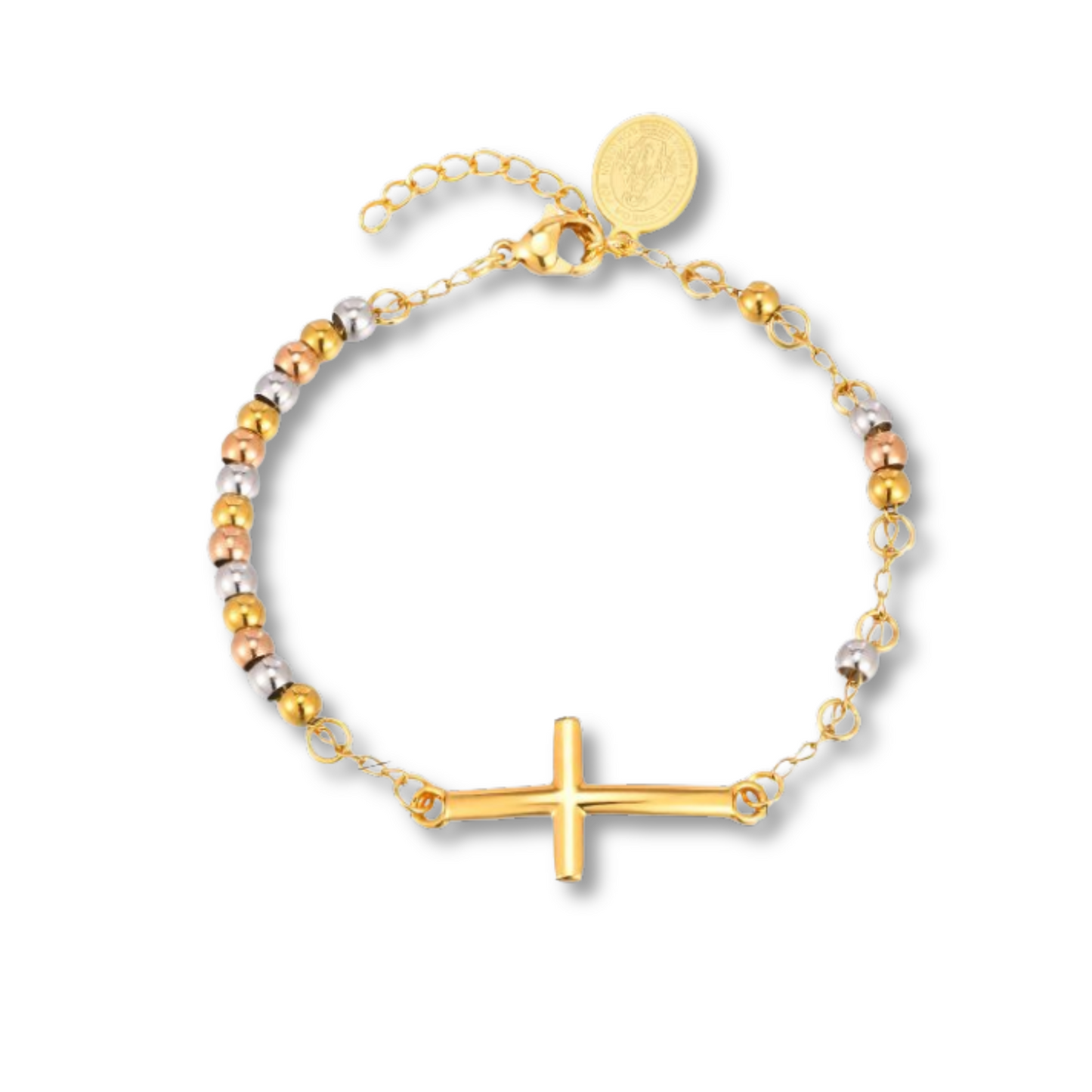 Pulsera Oro-Plata Bolitas Cruz y Medalla  Acero Inoxidable 1R5