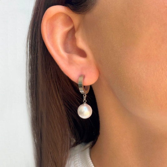 Aretes Arracada Plateada Perla Acero Inoxidable 1W3