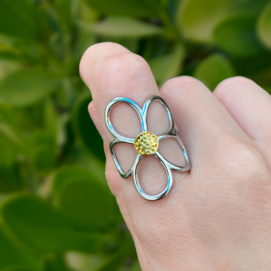 Anillo Flor Plateada Oro-Plata Acero Inoxidable  2B6