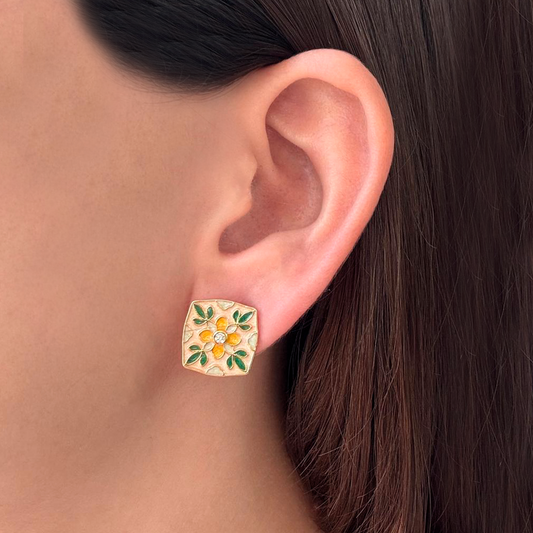 Aretes Dorados Cuadro Pintado  Chapa de Oro 1o4