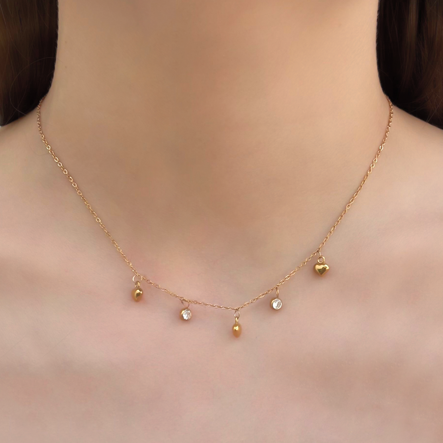 Collar Dorado Corazones y Zirconias Acero Inoxidable 1U7