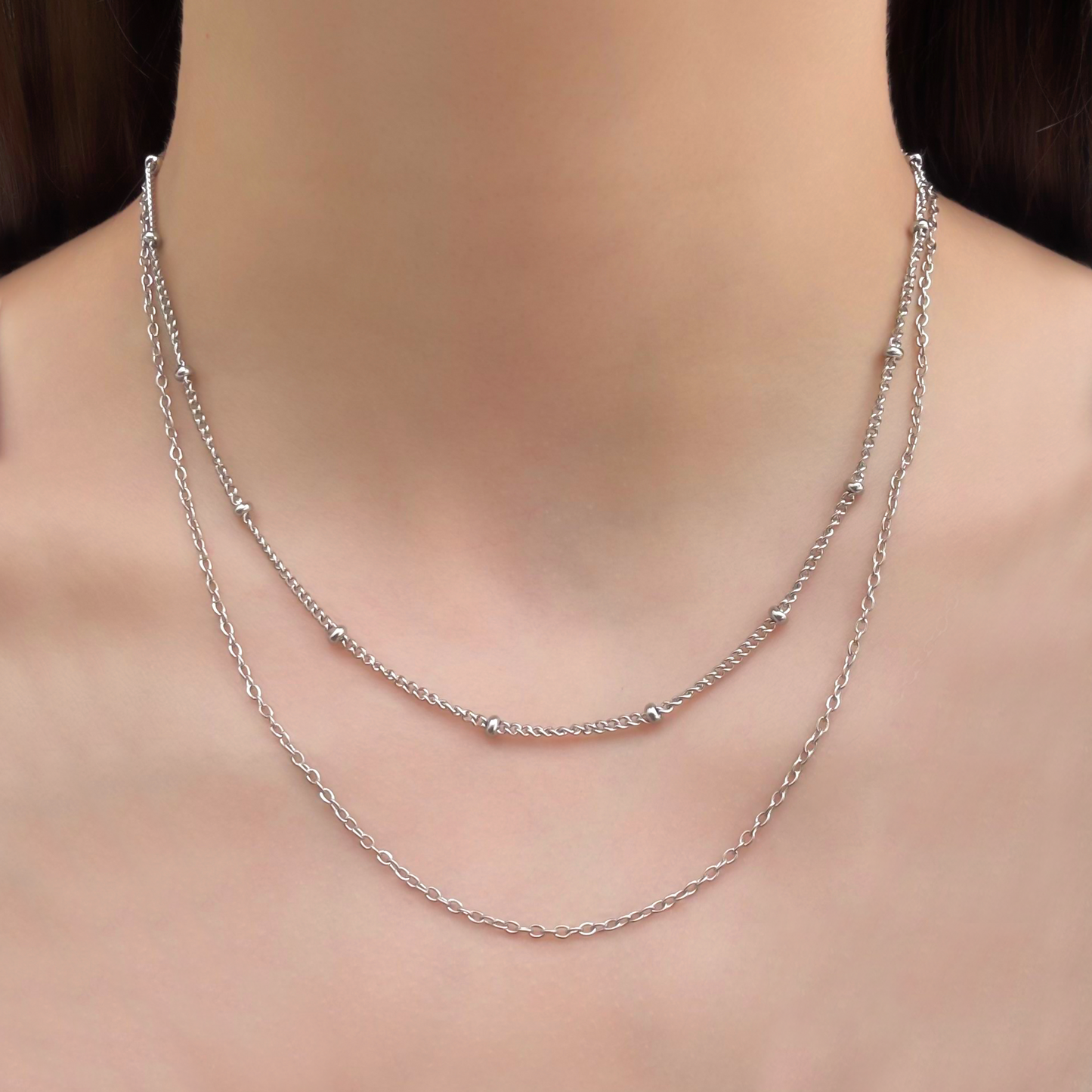 Collar Layer Plateado Bolitas   Acero Inoxidable 2D1