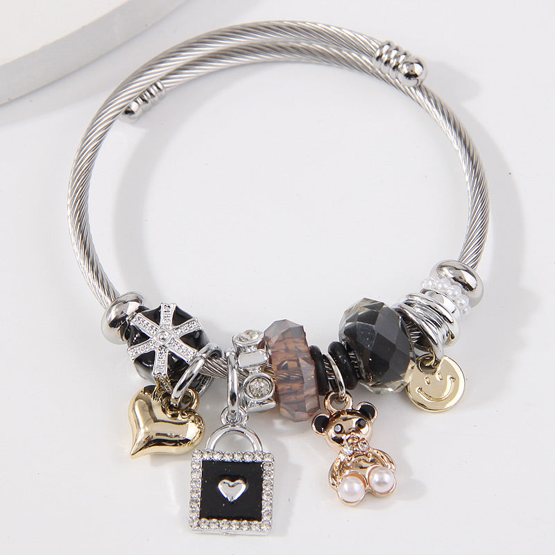 Pulsera Charms Oso en Negro Acero Inoxidable  4E40