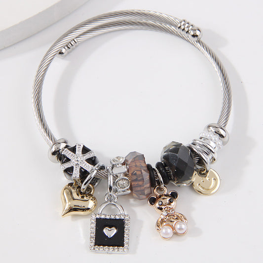 Pulsera Charms Oso en Negro Acero Inoxidable  4E40