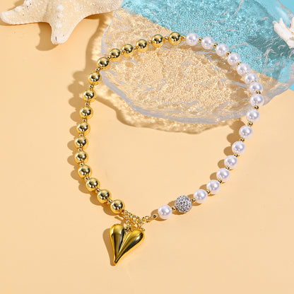 Collar Perlas Blancas y Doradas Corazon 2BB8
