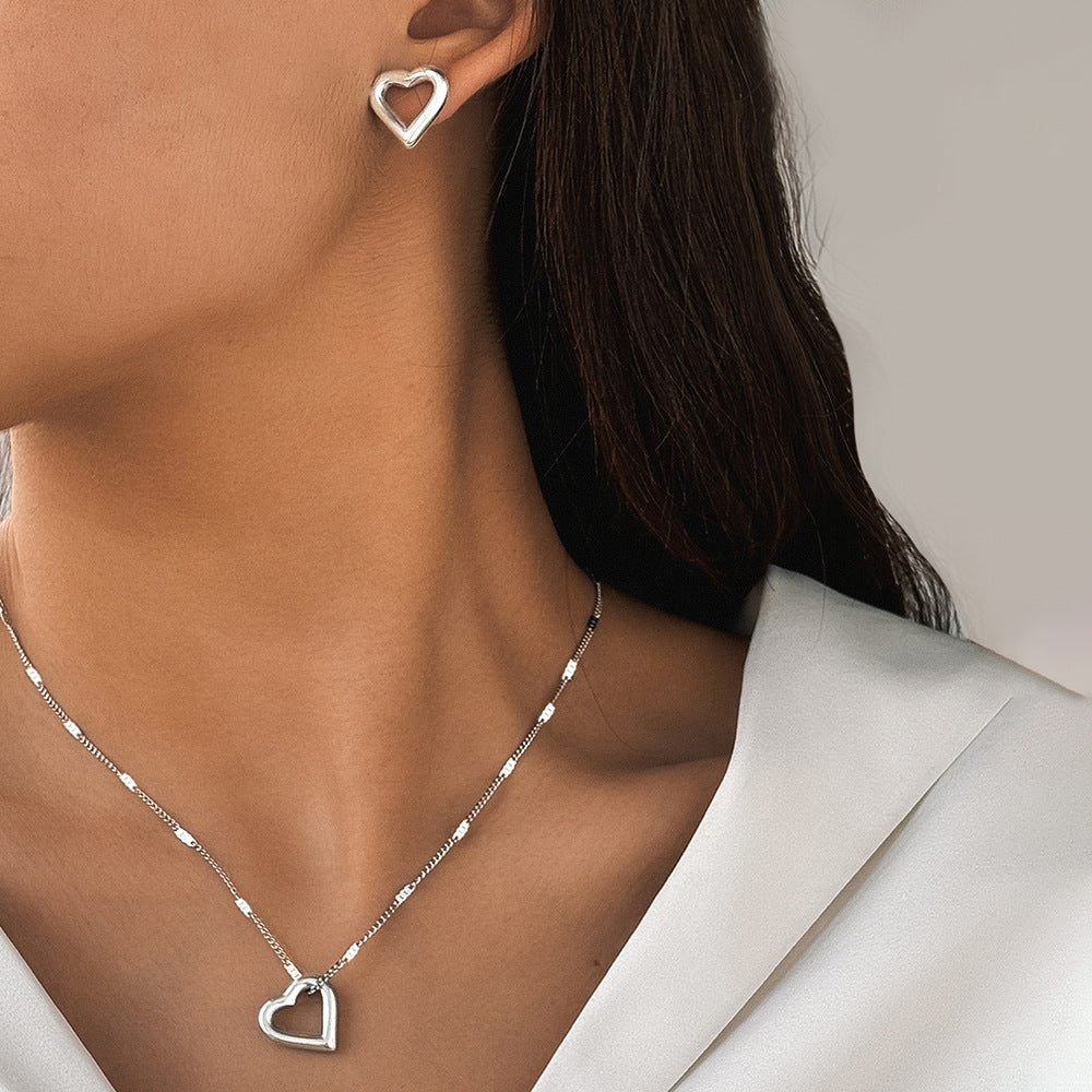 Collar y Aretes Corazón Plateado Acero Inoxidable 1X5