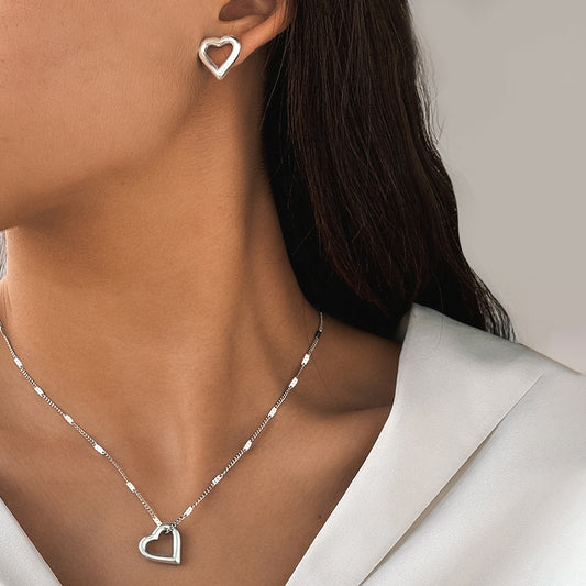 Collar y Aretes Corazón Plateado Acero Inoxidable 1X5