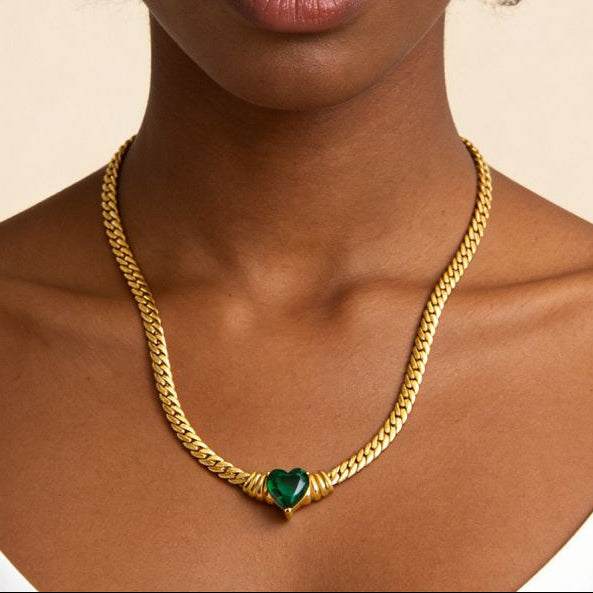 Collar Corazón de Piedra Verde  Acero Inoxidable 1T4