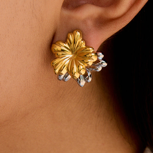 Aretes Oro-Plata Flor Doble Acero Inoxidable 1F1